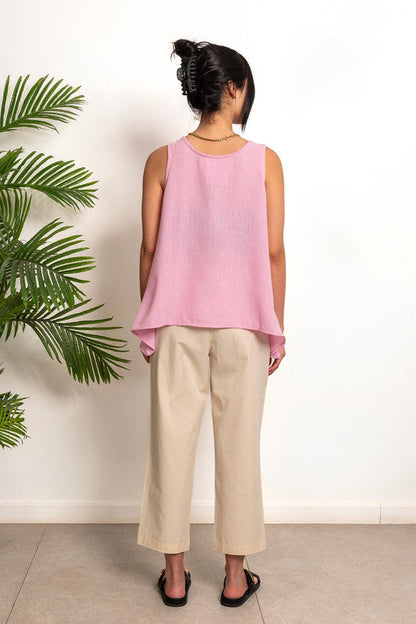 Sleeveless  A-Line Linen Blouse - Pink