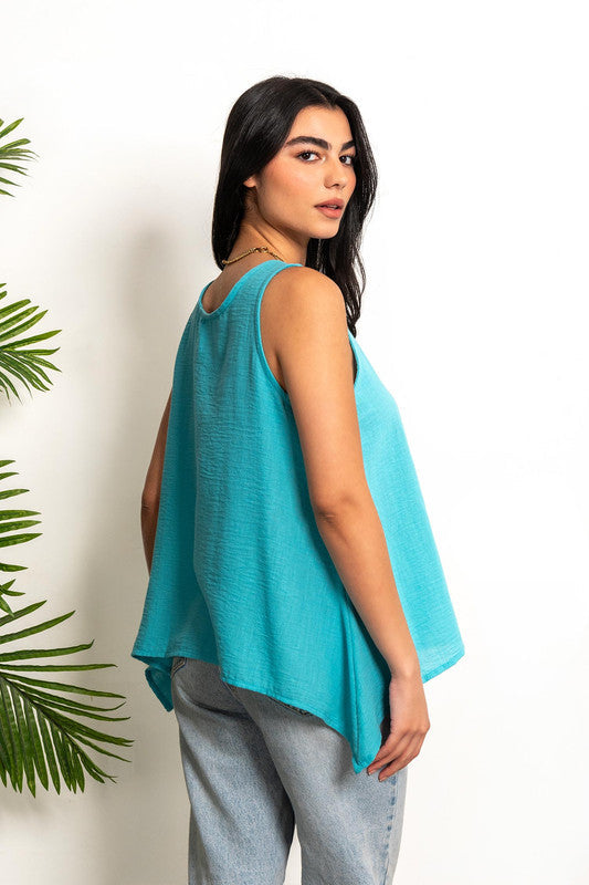 Sleeveless A-Line Linen Blouse - Turquoise
