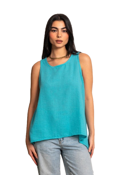 Sleeveless A-Line Linen Blouse - Turquoise