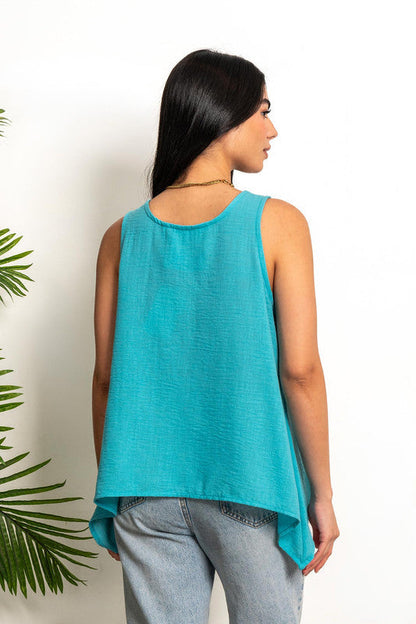 Sleeveless A-Line Linen Blouse - Turquoise