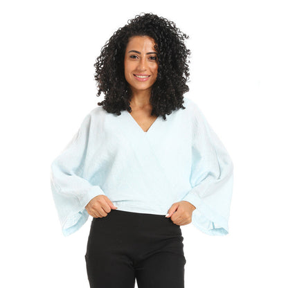 Long Sleeve Lenin Crossed Blouse - Aqua