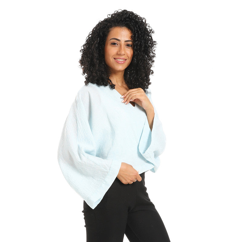 Long Sleeve Lenin Crossed Blouse - Aqua