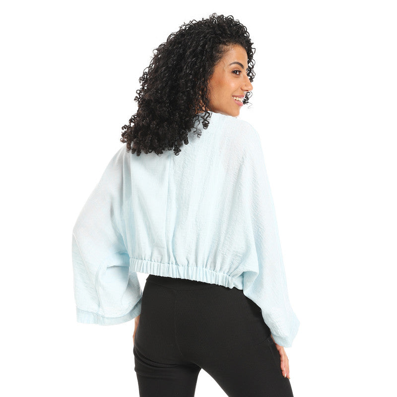 Long Sleeve Lenin Crossed Blouse - Aqua