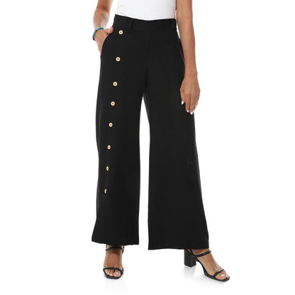 Buttons On One Leg Lenin Pants - Black