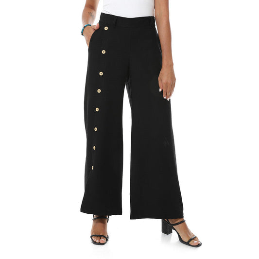 Buttons On One Leg Lenin Pants - Black
