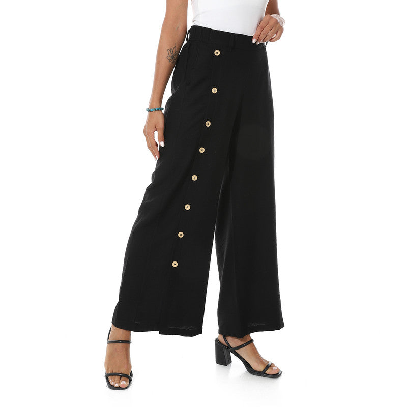 Buttons On One Leg Lenin Pants - Black