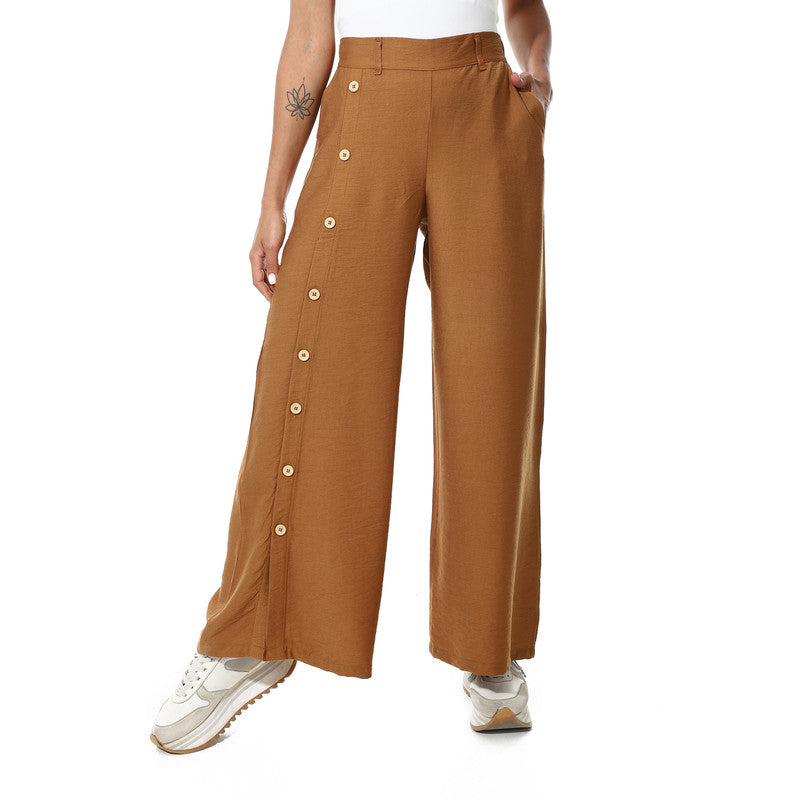 Buttons On One Leg Lenin Pants - Havana