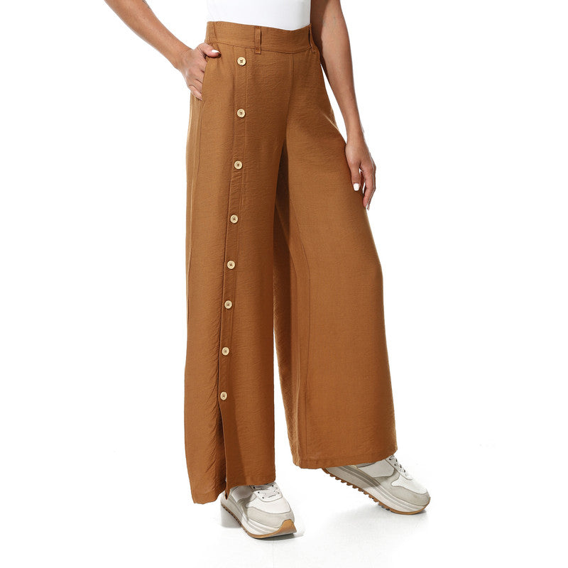 Buttons On One Leg Lenin Pants - Havana