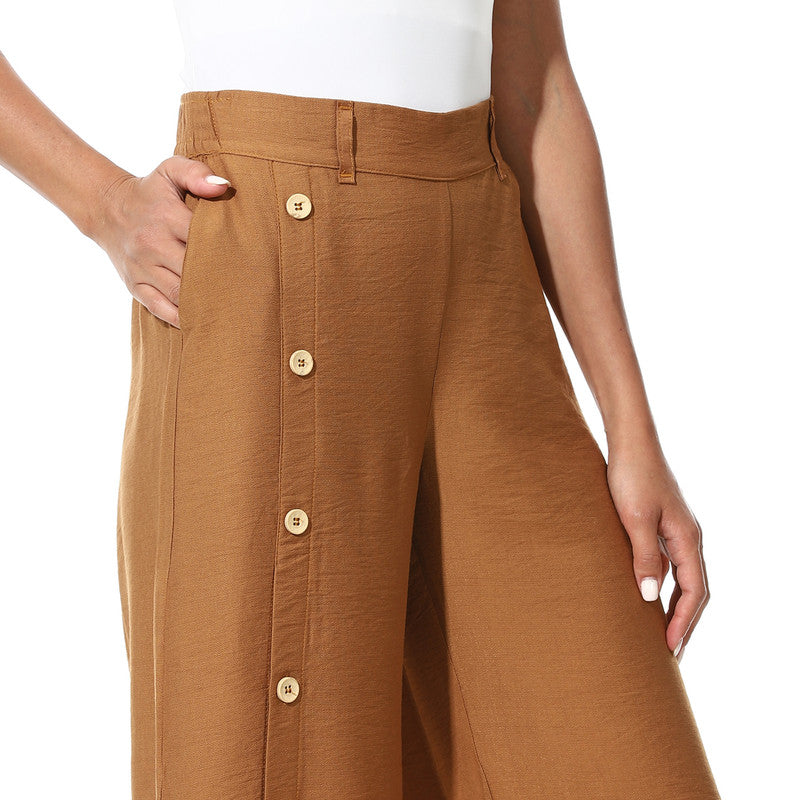 Buttons On One Leg Lenin Pants - Havana