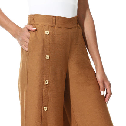 Buttons On One Leg Lenin Pants - Havana