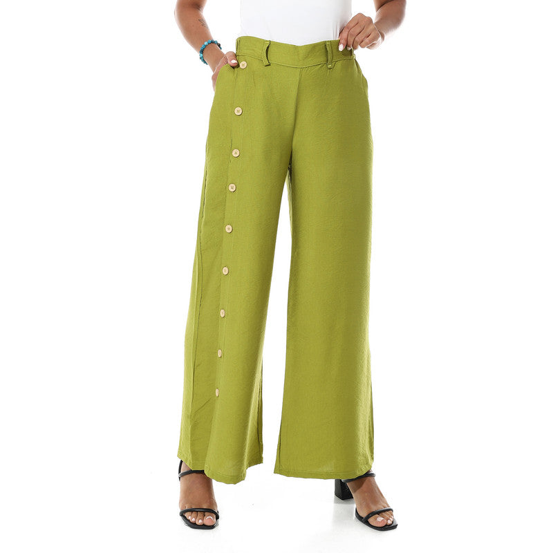Buttons On One Leg Lenin Pants - Light Olive
