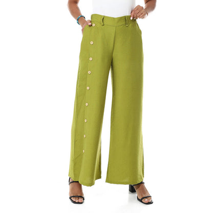Buttons On One Leg Lenin Pants - Light Olive