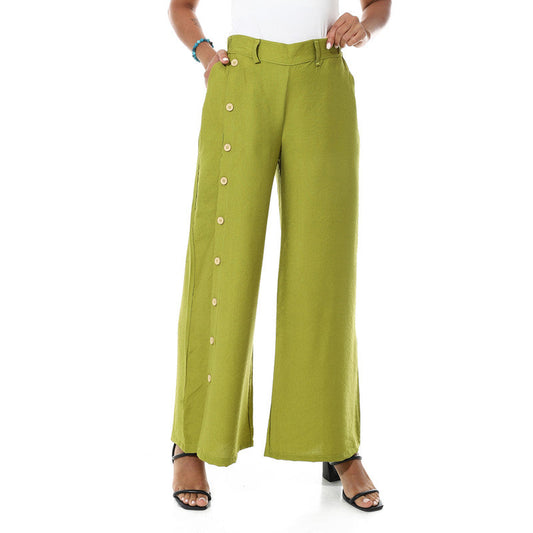 Buttons On One Leg Lenin Pants - Light Olive
