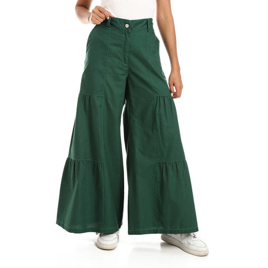 Wide-Leg Tiered Pants - Dark Green