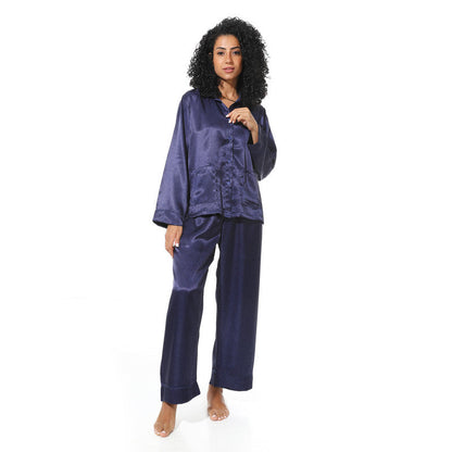 Long Sleeve Satin Pyjama - Navy