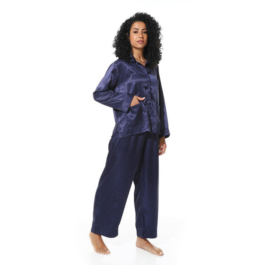 Long Sleeve Satin Pyjama - Navy