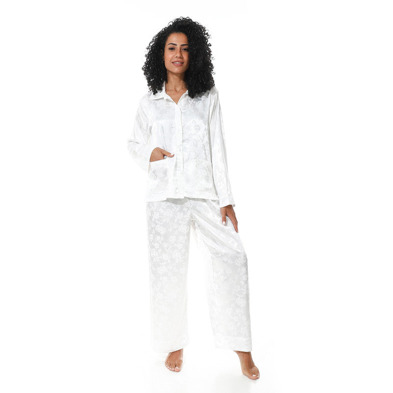Long Sleeve Satin Pyjama - White