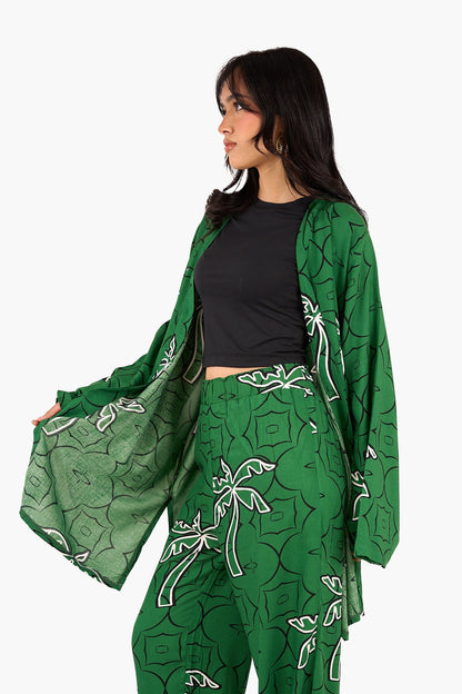 Palm Printed Green Kimono