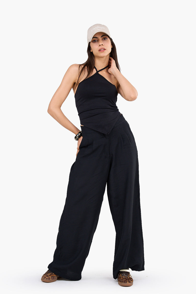 Synthetic Backless Halter Neck Top - Black