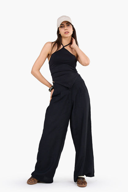 Synthetic Backless Halter Neck Top - Black