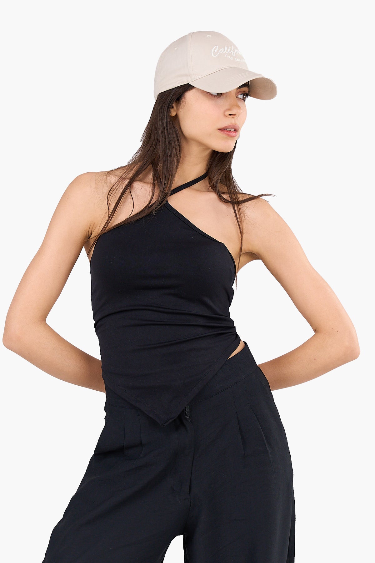 Synthetic Backless Halter Neck Top - Black