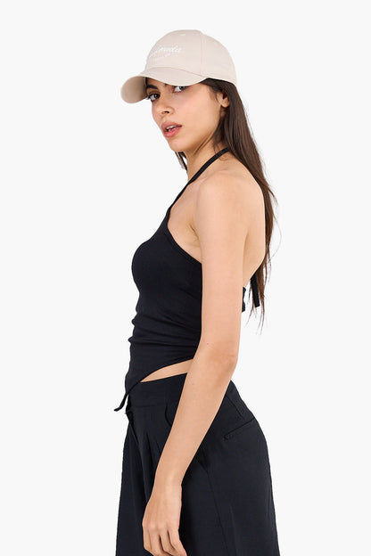 Synthetic Backless Halter Neck Top - Black