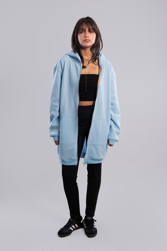 Longline Zip-Up Hoodie - Baby Blue