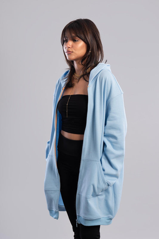 Longline Zip-Up Hoodie - Baby Blue