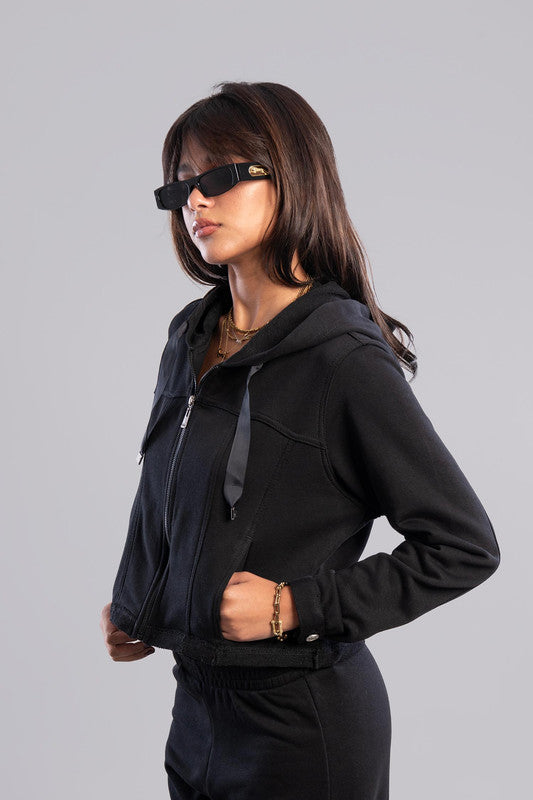 Cropped Zip-Up Hoodie - Black