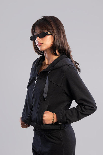 Cropped Zip-Up Hoodie - Black