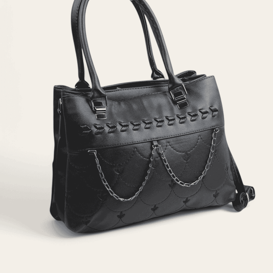 Leather Quilted Hand Bag with Cross Hand – Black