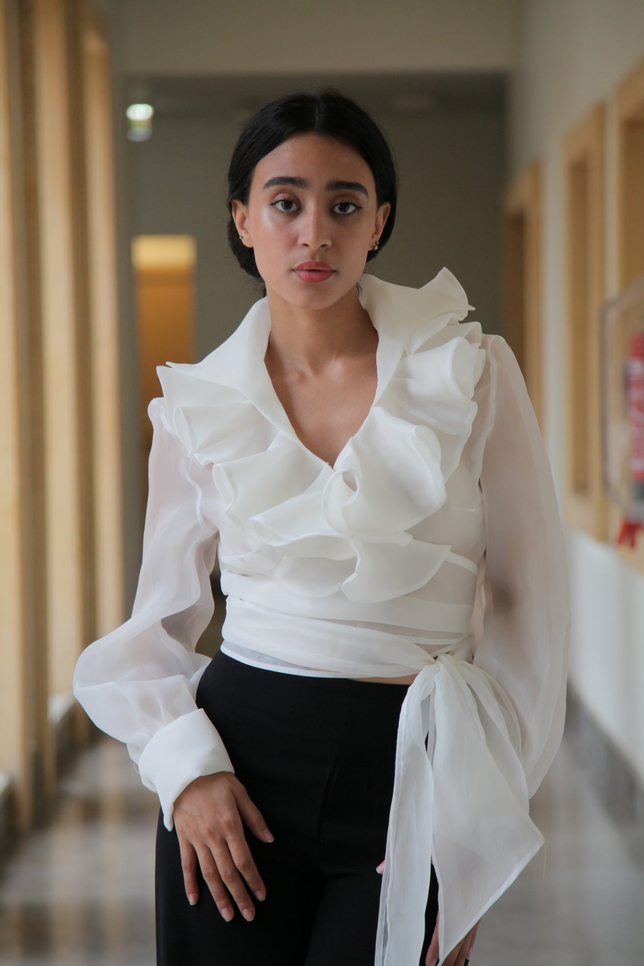 Organza Ruffled Wrap Blouse – White