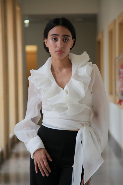 Organza Ruffled Wrap Blouse – White