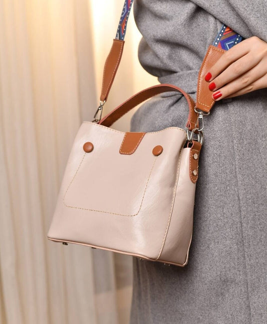 Faux Leather Hand Bag with Cross Hand – Beige