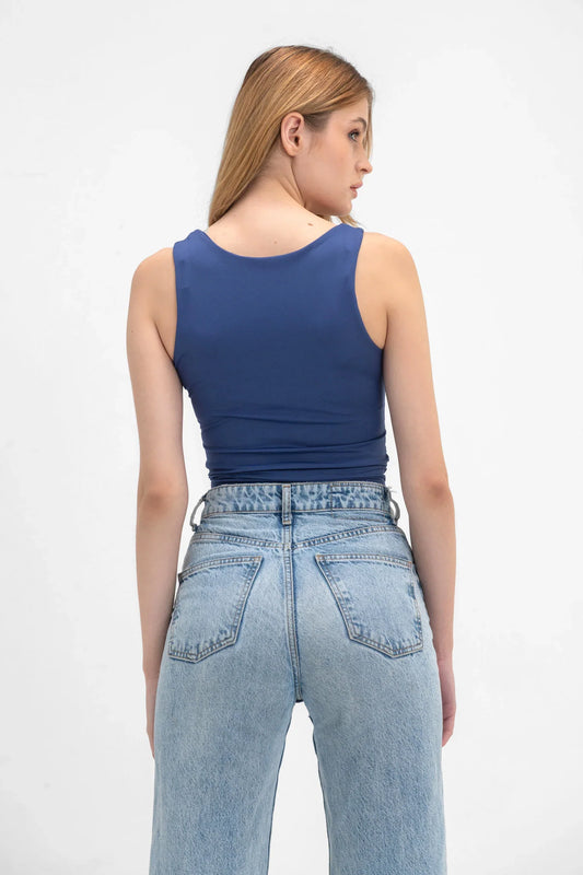 Lycra Wide Neck Tank Top - Navy