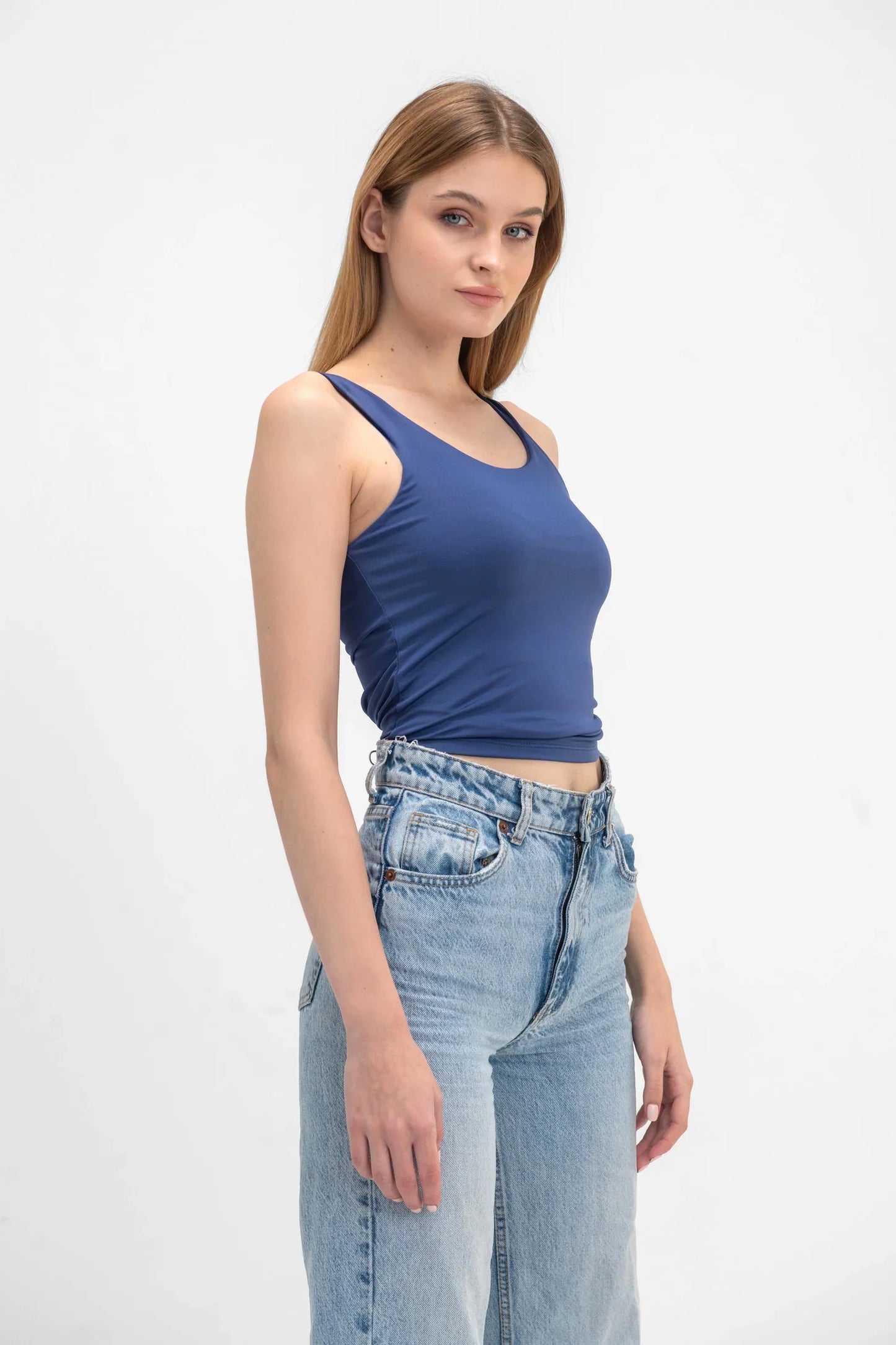 Lycra Wide Neck Tank Top - Navy