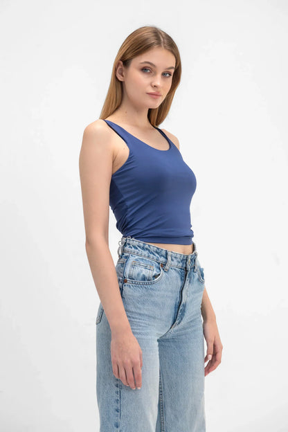 Lycra Wide Neck Tank Top - Navy