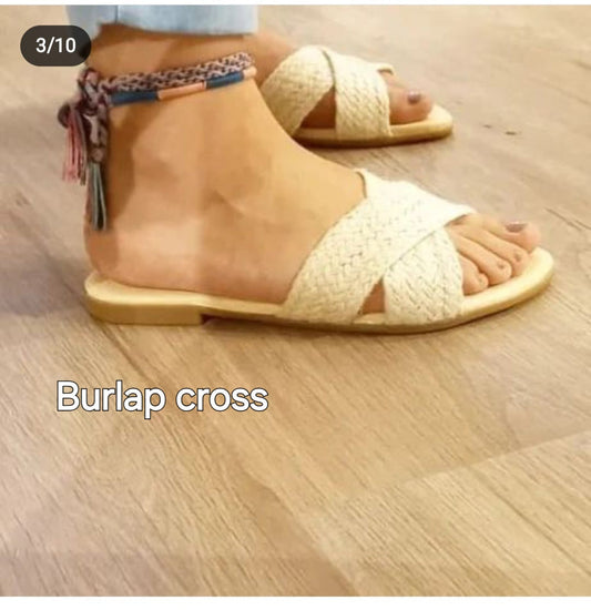 Burlap Cross Slippers - Off White