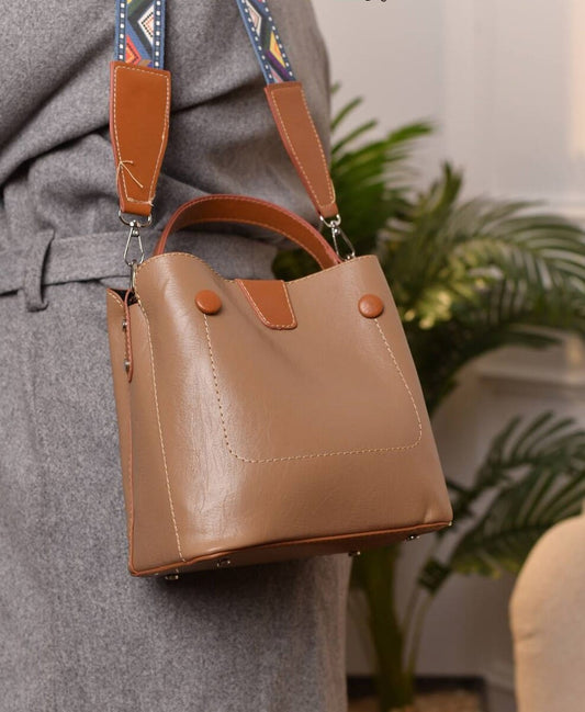 Faux Leather Hand Bag with Cross Hand – Café