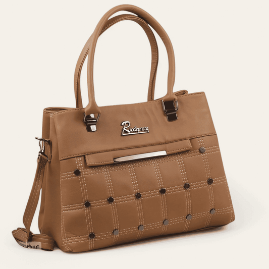 Faux Leather Grid-Stud Cross-Hand Handbag – Café