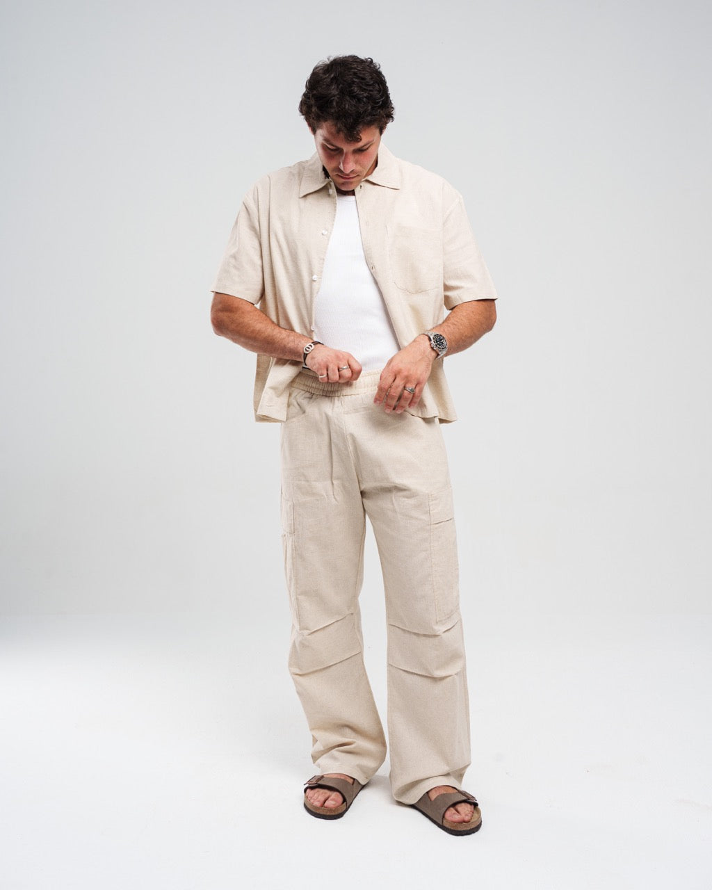 Beige Wide-Leg Linen Trousers