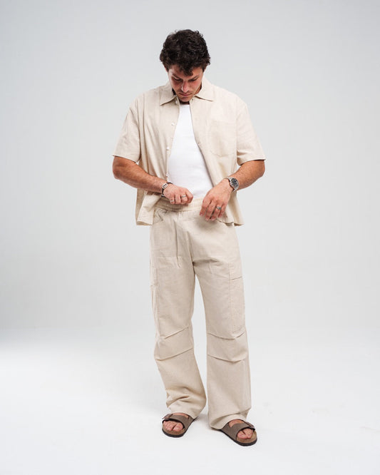 Beige Wide-Leg Linen Trousers