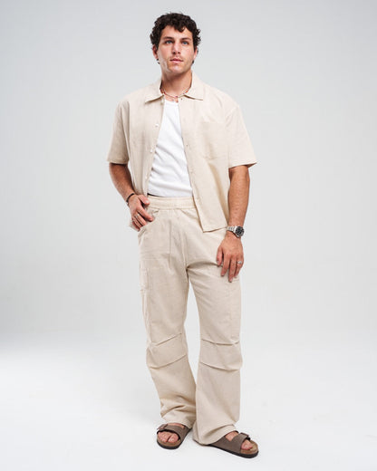 Beige Wide-Leg Linen Trousers