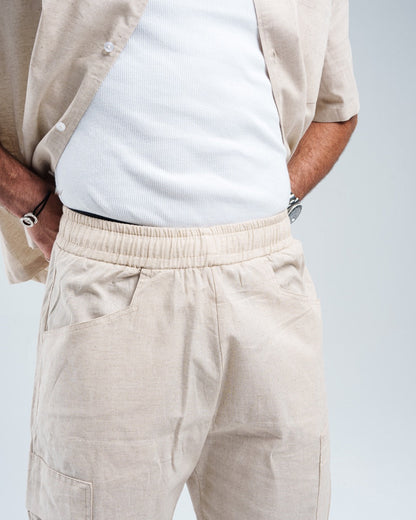 Beige Wide-Leg Linen Trousers