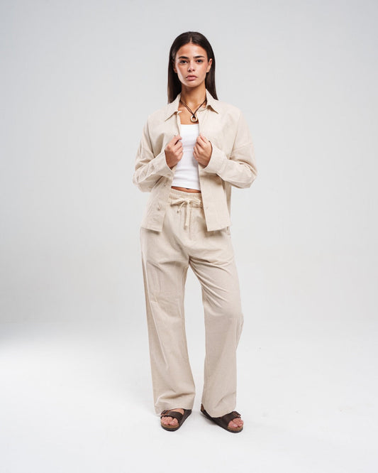 Loose-Fit, Beige Drawstring Trousers
