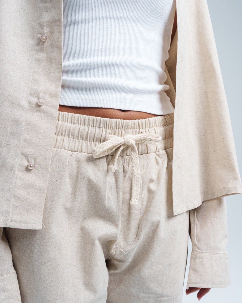 Loose-Fit, Beige Drawstring Trousers