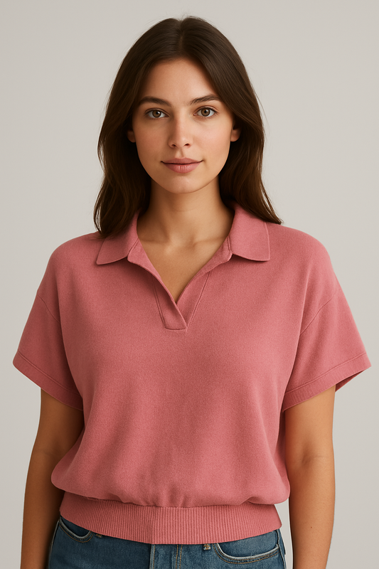 Cotton Blend Collar Knit Polo - Pink