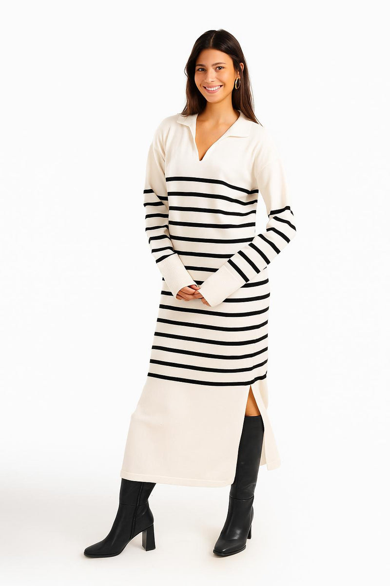Viscose Striped Knit Midi Dress – Off White