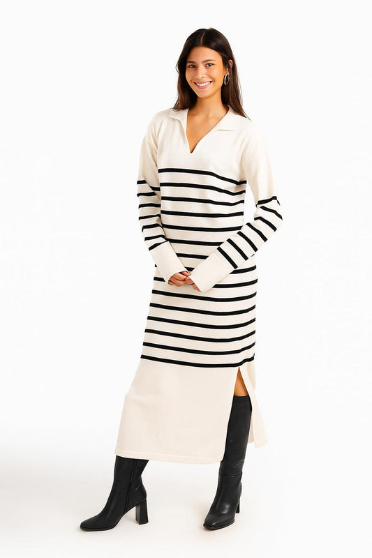Viscose Striped Knit Midi Dress – Off White
