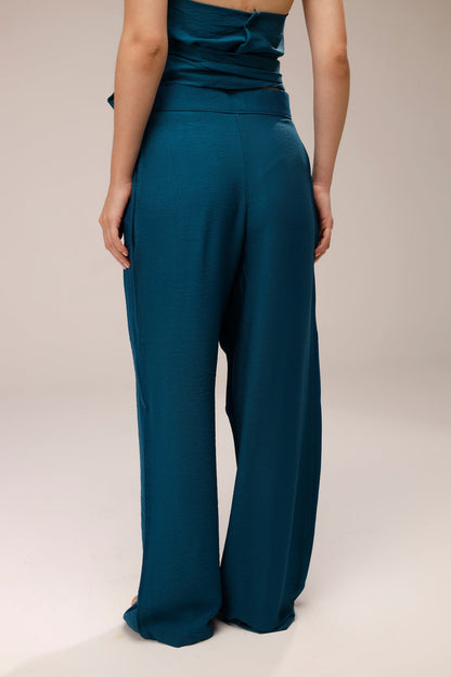 Linen Halter Wrap Top & Wide-Leg Pants Set - French Blue